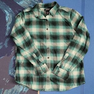 Lands' End Women's Teal and Black Plaid Button Down Shirt